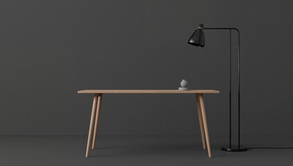 Black and white workspace concept featuring a minimalist desk and floor lamp, suitable for productivity and focus