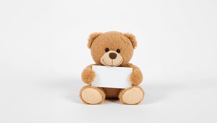 Fototapeta premium A toy teddy bear with a piece of cardboard on a plain white surface, ideal for playful layouts