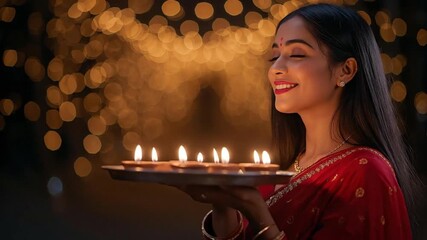 Serene Young Indian Woman in Red Saree Holding a Tray of Lit Diyas, Celebrating a Festival of Lights Against a Warm, Blurred Bokeh Background - Powered by Adobe