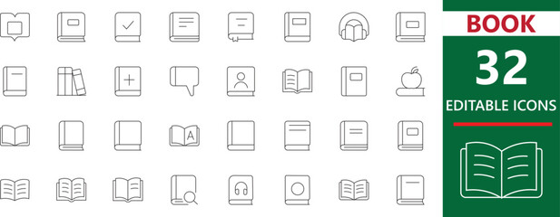 Clean thin line book icon set representing reading, study, and education themes. Perfect for school, library, and knowledge-based creative design projects.