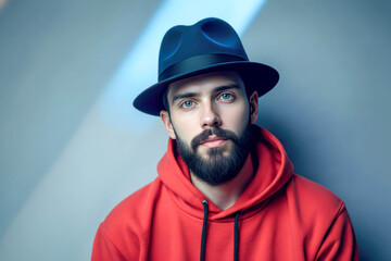 A bearded man with blue eyes looks directly at the camera. He is wearing a dark fedora and a bright red hoodie against a gray background.