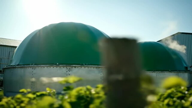 Biogas digester dome produces renewable energy. Industrial plant shows rounded tank and storage. Green vegetation frames facility in foreground. Sustainable methane production from organic biomass.