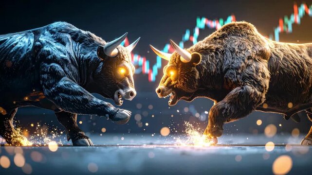 Two bulls head to head ready to charge with glowing eyes and stock market chart in the background, financial concept illustration.