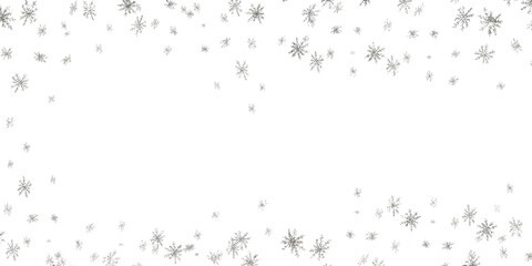 A silver frame made of falling snowflakes. Snowflakes made of silver foil. Silver glitter, stars, flakes of snow. Congratulations banner, website design, poster design, postcard Winter 2026.