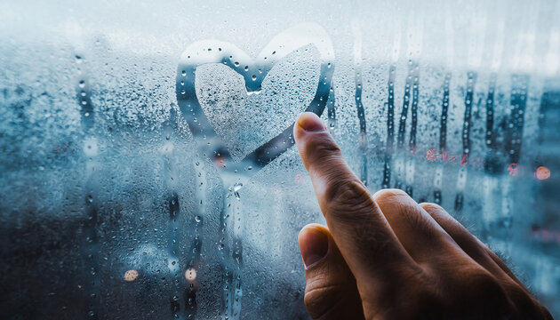 Hand Drawing Heart Shape on Steamy Window Glass with Raindrops