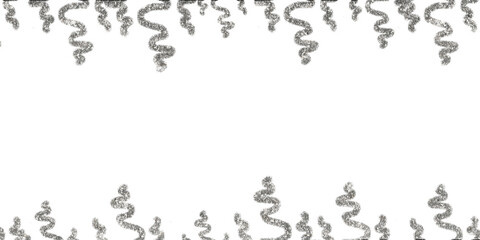 Streamer Panoramic. Silver glitter curly ribbon PNG. Shiny serpentine streamers confetti decoration isolated. Design illustration for poster,cover, invitation, ads. Silver cold white particles ribbons