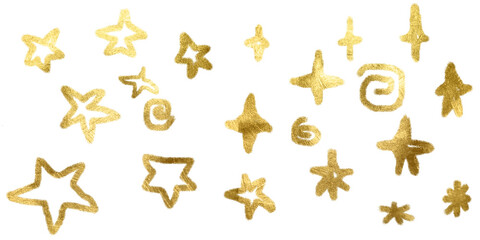 Set Various stars golden drawn asterisks and star shapes.Gold brush drawn asterisks,png funky geometric figures stars. Grunge bold and thin forms. Naive playful typography design elements.Rough stars.