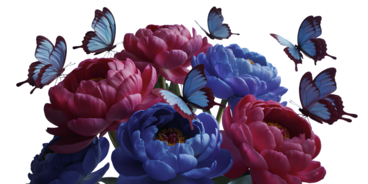 A vibrant bouquet of pink and blue peonies with blue butterflies fluttering around them, isolated on transparent background