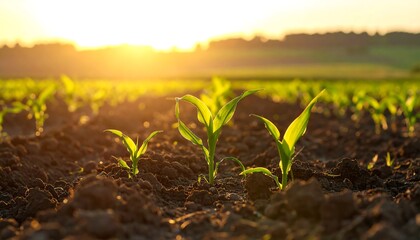 Close-up of rows of young plants in fertile soil, with a vibrant sunset illuminating the field, hinting at growth