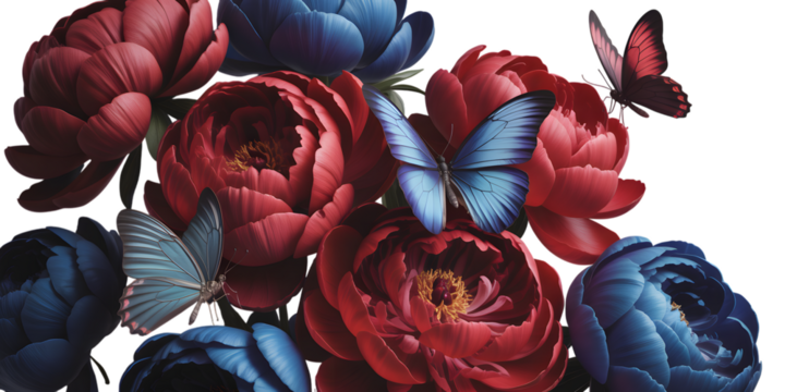 A rich arrangement of deep red and blue peonies with butterflies, isolated on transparent background