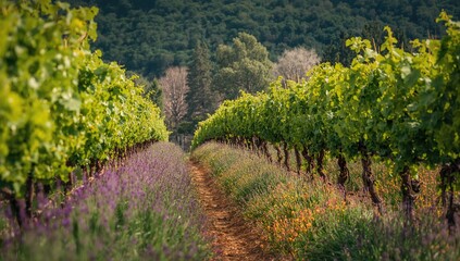 Fototapeta premium Vineyards filled with lush grapes and vibrant flowers, highlighting the rural atmosphere and seasonal beauty