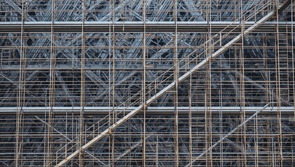 Detailed construction of scaffolding on an industrial structure, focus on maintenance, Earth Day