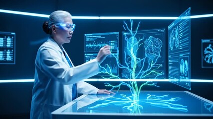 Scientist explores holographic neural interface. Researcher woman uses touchscreen table in lab. Hologram displays brain and neuroscience data. Technology virtual systems visualize neural networks. - Powered by Adobe