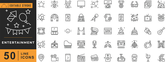 Entertainment line icon set. Editable stroke. Vector illustration.