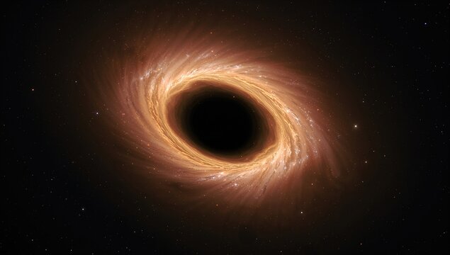 A black hole with an accretion disk in deep space, illustrating the gravitational pull on gas and dust from a nearby nebula, cosmic phenomena