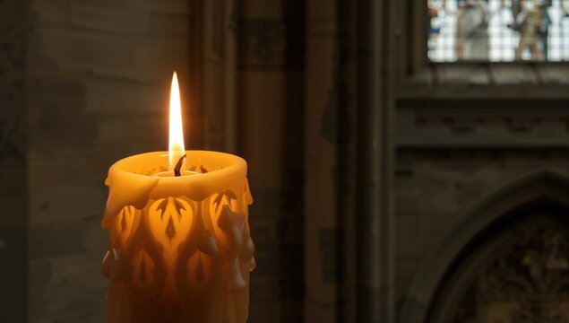 Church candle flame, illuminating wax in a religious setting, symbolizing spirituality