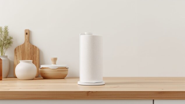 Isolated kitchen paper towel holders on a tabletop, emphasizing cleanliness and organization