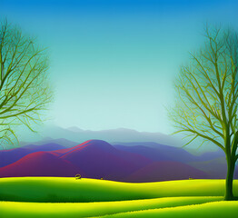 Green natural landscape mountain valley. Beautiful natural landscape in the summer time Beautiful summer colorful rustic pastoral landscape panorama. Tall flowering grass on green meadow at sunrise or