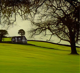 Green natural landscape mountain valley. Beautiful natural landscape in the summer time Beautiful summer colorful rustic pastoral landscape panorama. Tall flowering grass on green meadow at sunrise or