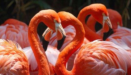 Close-up of several vibrant, pink-orange birds with long necks and black beaks, clustered together in a natural setting