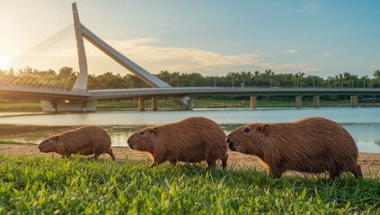 Capybaras by a lake near a bridge, focusing on tourism and travel experiences