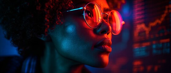 Stylish programmer decoding visual data in today's work world. Revenue trends. Vibrant tech space envelops curly-haired programmer. Data analysis. Economic growth.