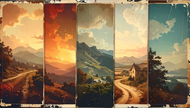Five vertical landscape paintings showcasing various natural scenes, including winding roads, mountains, and different sky conditions