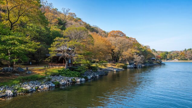Nami Island presents tranquil landscapes with tree-lined paths and seasonal colors, ideal for relaxation and nature appreciation.