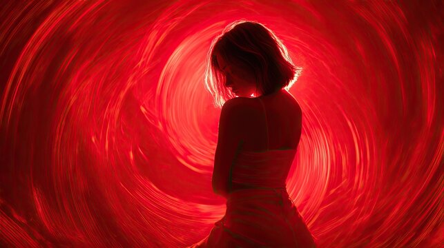 Ethereal Woman Silhouette in Red Swirling Light Background