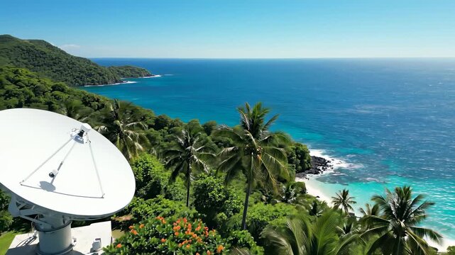 Satellite dish perched atop a hill on a tropical island overlooking the vast expanse of the ocean, capturing the concept of global connectivity and technological innovation with the satellite.