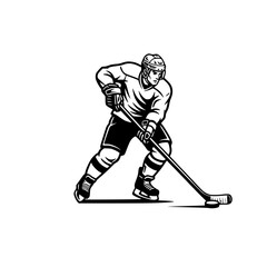 Fototapeta premium Dynamic Ice Hockey Player Shooting Puck - Bold Black and White Vector Illustration generative ai 