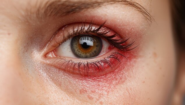 Close-up of a woman's eye exhibiting inflammation and redness