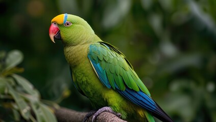 Predominantly green parrot with vibrant blue wings, yellow belly, and blue eyebrow, showcasing tropical wildlife diversity