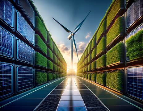 Sustainable Data Center Powered by Solar and Wind Energy 3D Render