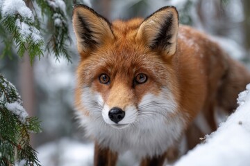 Obraz premium Curious red fox exploring a snowy forest in winter sunlight
