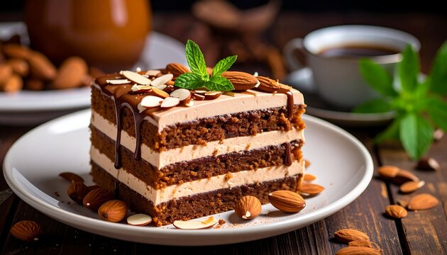 Piece of layered chocolate cake with almonds, frosting, and chocolate sauce, on a plate, with a coffee mug in background - Powered by Adobe