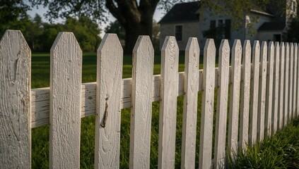 A detailed view of a white picket fence, maintenance focus