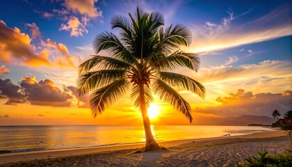 Palm tree on beach at sunset
