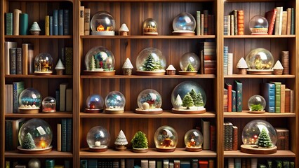 Christmas snow globes displayed on rustic wooden bookshelves with old books.