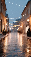 Fototapeta premium Snowy night street with glowing Christmas lights and reflections, Selective Focus, Copy Space, Christmas Magic