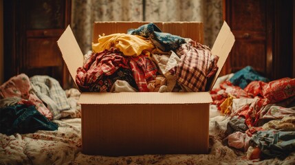 Unorganized Pile of Clothes in a Cardboard Box on Bed