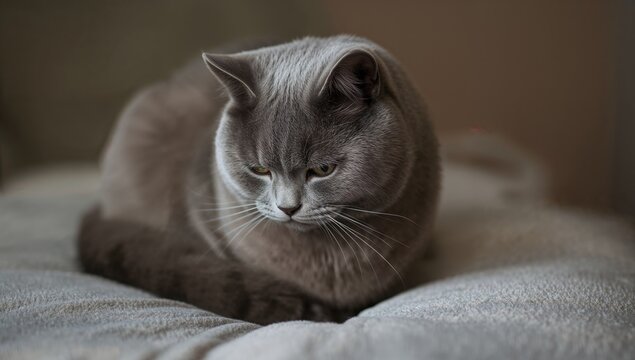 Grey feline resting on a soft surface, providing a sense of calm and relaxation
