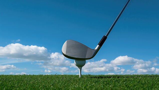 Golf club and ball positioned on a tee against a clear blue sky, ideal for promotional use