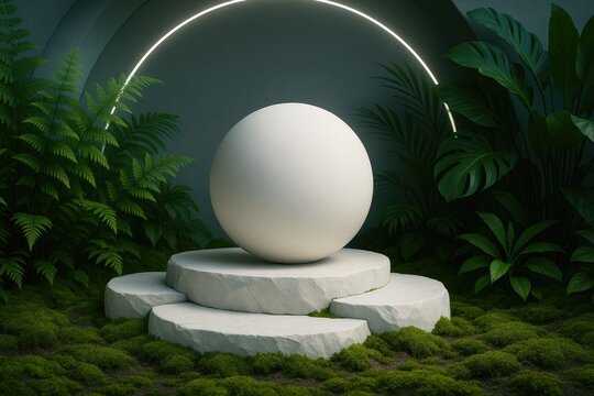 Minimalist white sphere on stone podium surrounded by lush green foliage and a glowing neon arc geometric