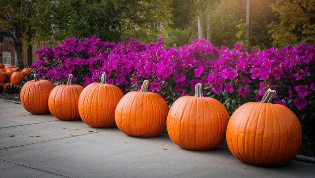 Row of large pumpkins on the sidewalk, illuminated by sunlight against purple pentas flowers, autumn theme