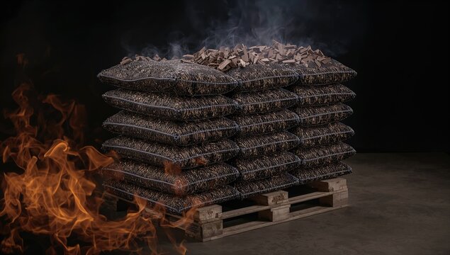 Wood chips in mesh bags, designed like bricks and arranged on a pallet, ideal for grilling and outdoor cooking