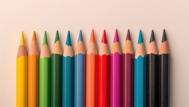 Close-up of 12 vibrant colored pencils arranged in a spectrum, ideal for artistic projects