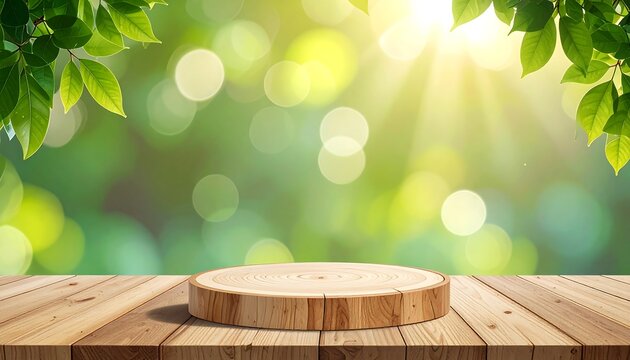A wooden table and a tree stump podium against a blurred backdrop of green foliage, sunlight, and soft bokeh
