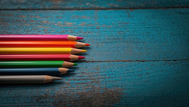 Close-up of vibrant colored pencils on a blue wooden surface, educational tools for creativity and learning