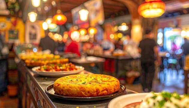 Golden Spanish tortilla and vibrant tapas on a bustling bar counter in Spain.